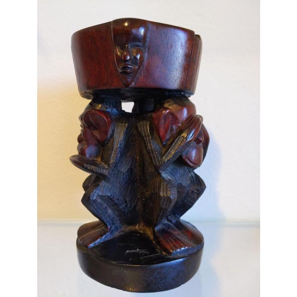 Vintage Hand Carved Wooden Ashtray Hear See Speak No Evil Monkey Figure 8.5"Tall